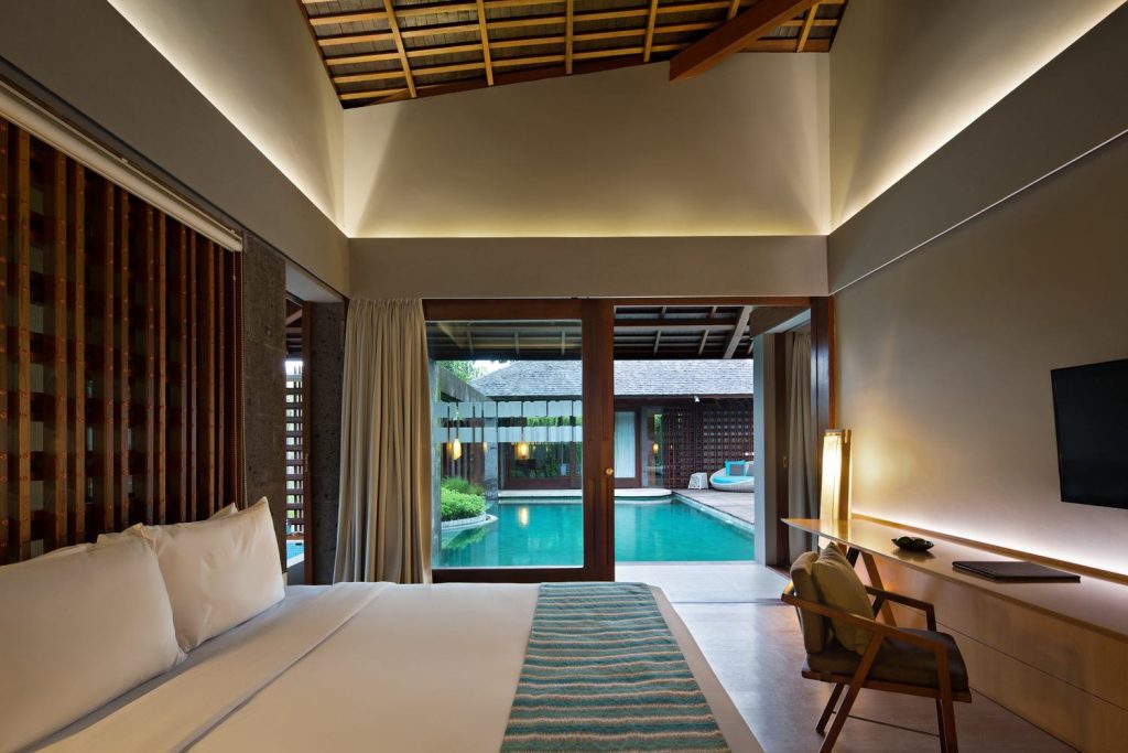 View from custom bedroom toward pool at The Santai for hospitality projects