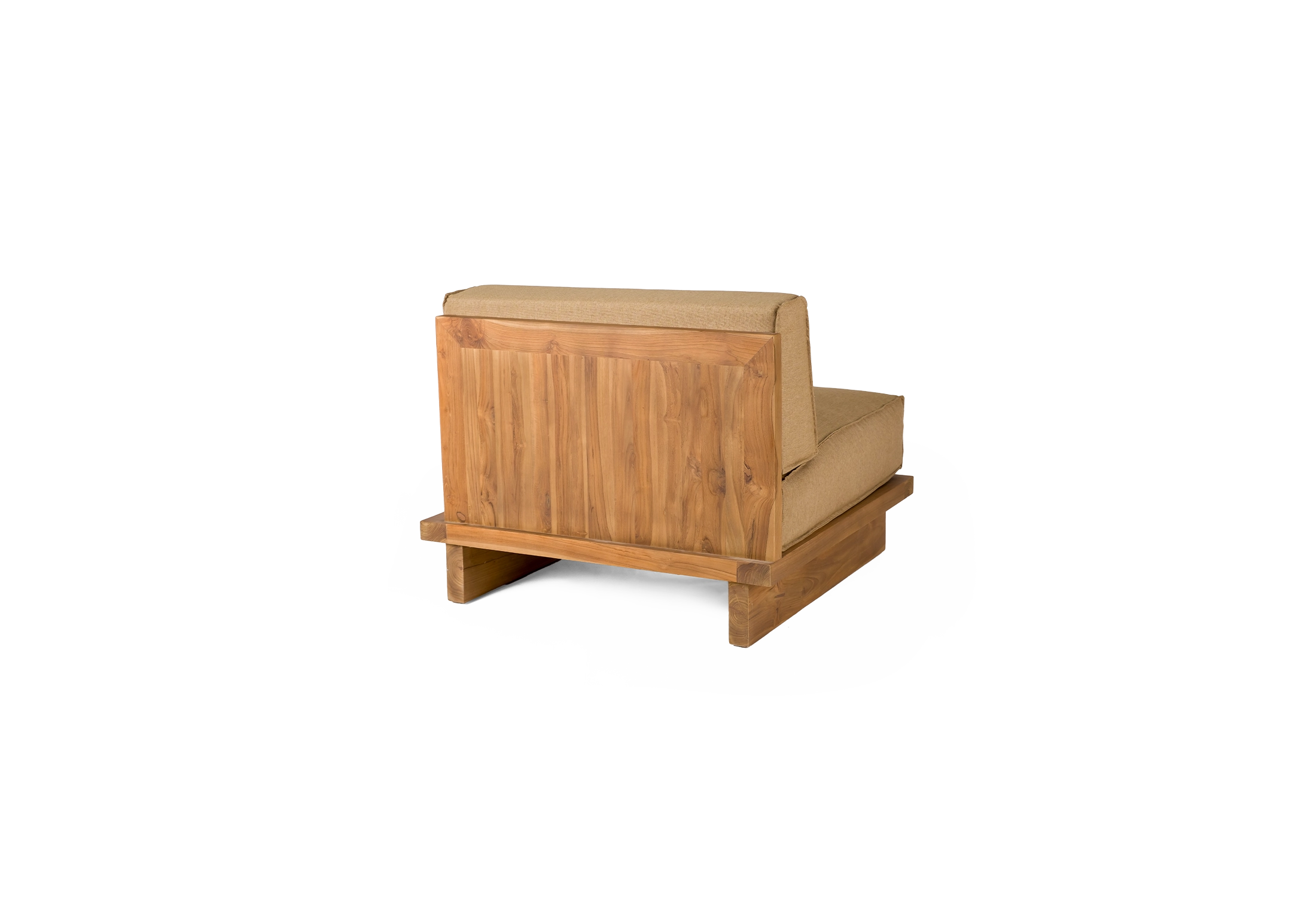 SALT outdoor single seated sofa made of teak with brown fabric upholstered cushions in back view