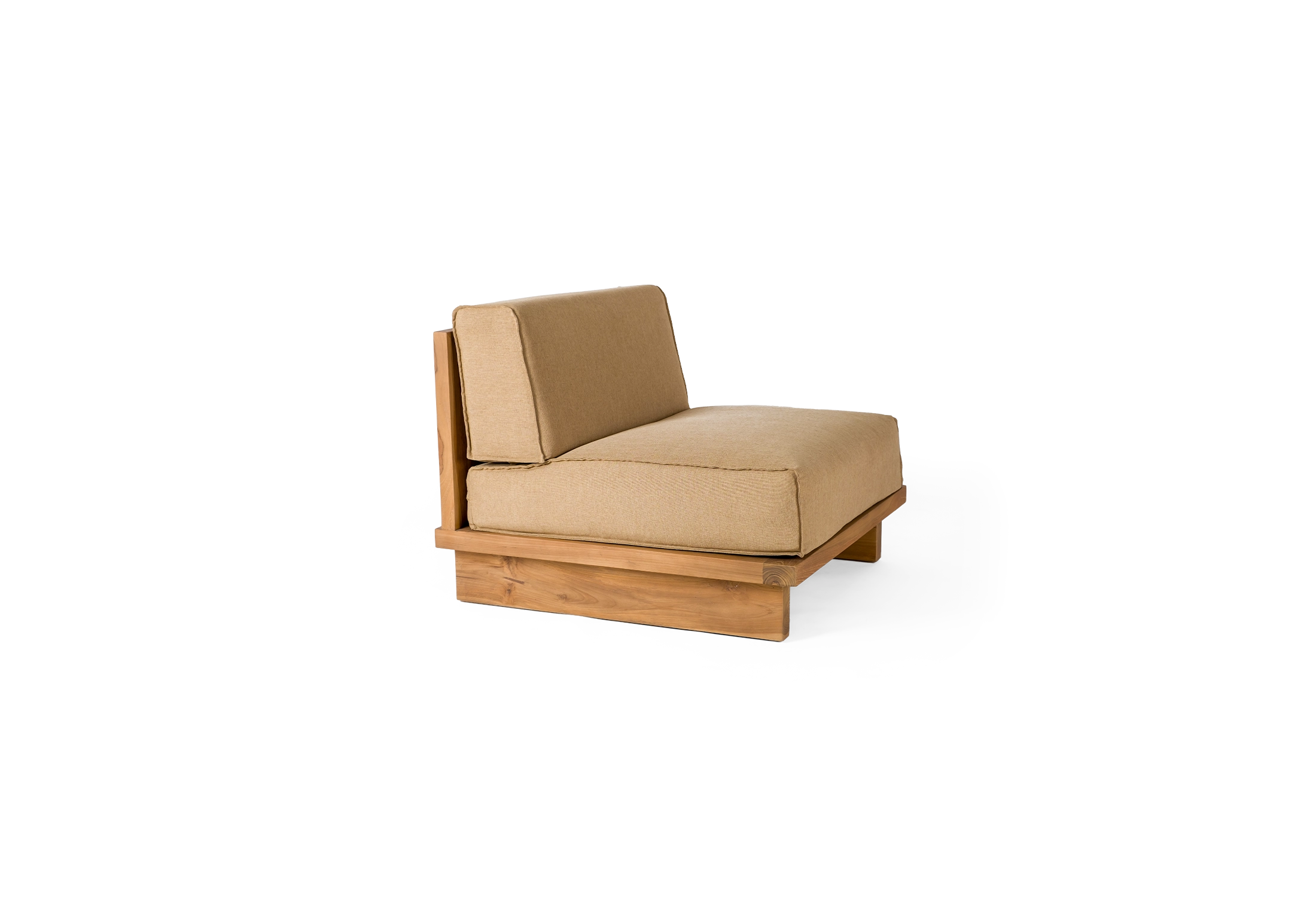 SALT outdoor single seated sofa made of teak with brown fabric upholstered cushions in side view