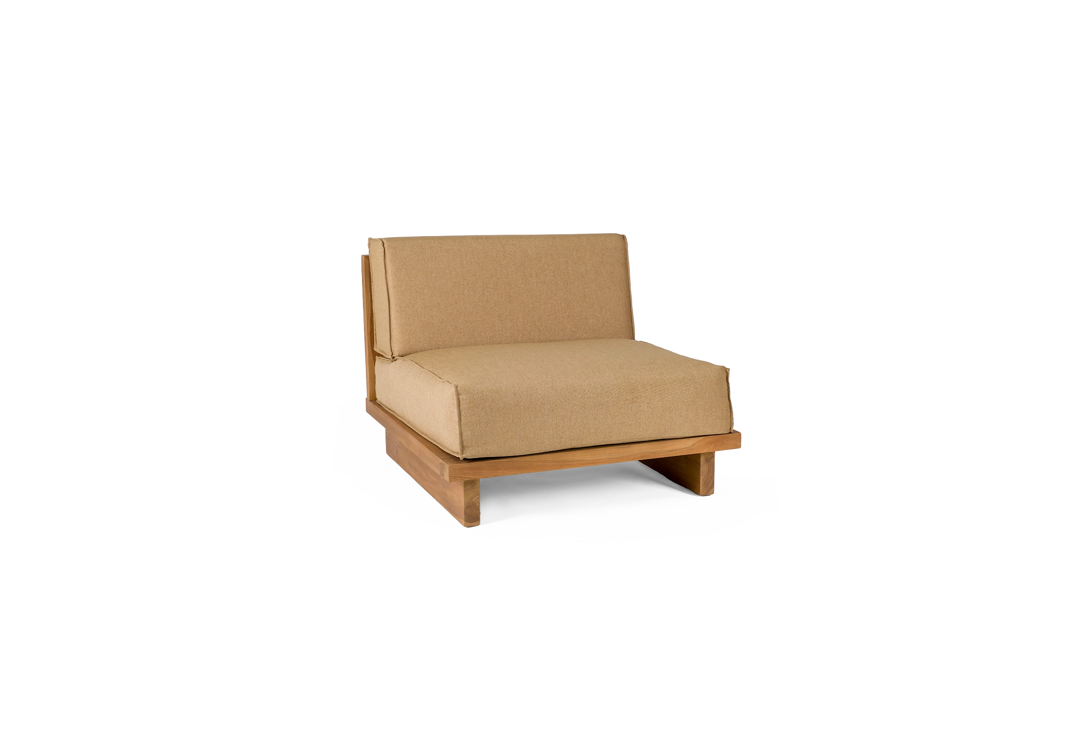 SALT outdoor single seated sofa made of teak with brown fabric upholstered cushions in three-quarter view