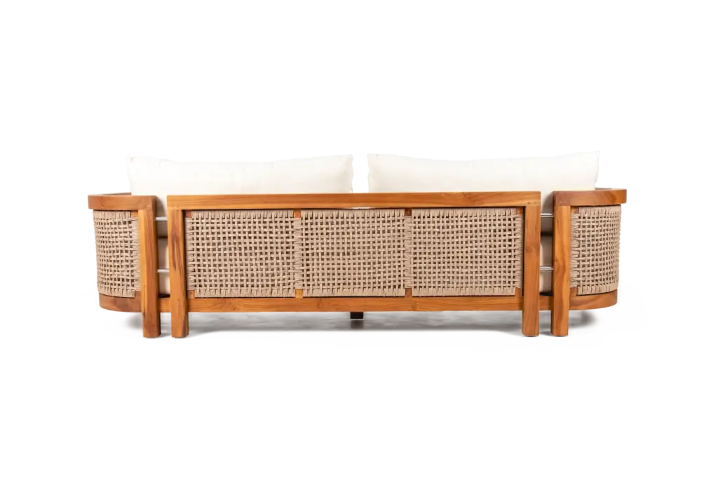 AUREA sofa made of teak with woven loom backrest and white fabric-upholstered seating in back view