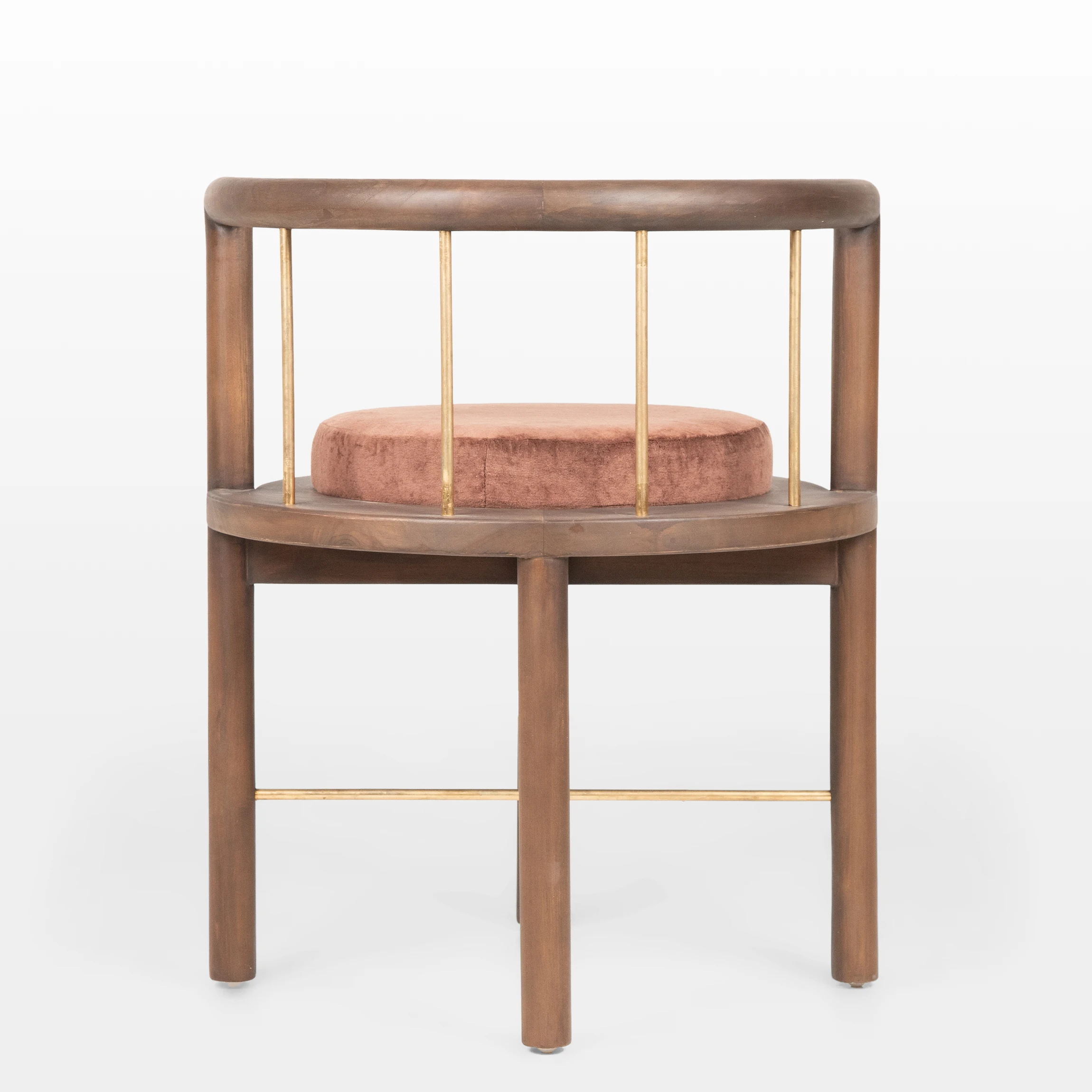 LANA dining chair made of teak with copper fabric upholstered seat in back view