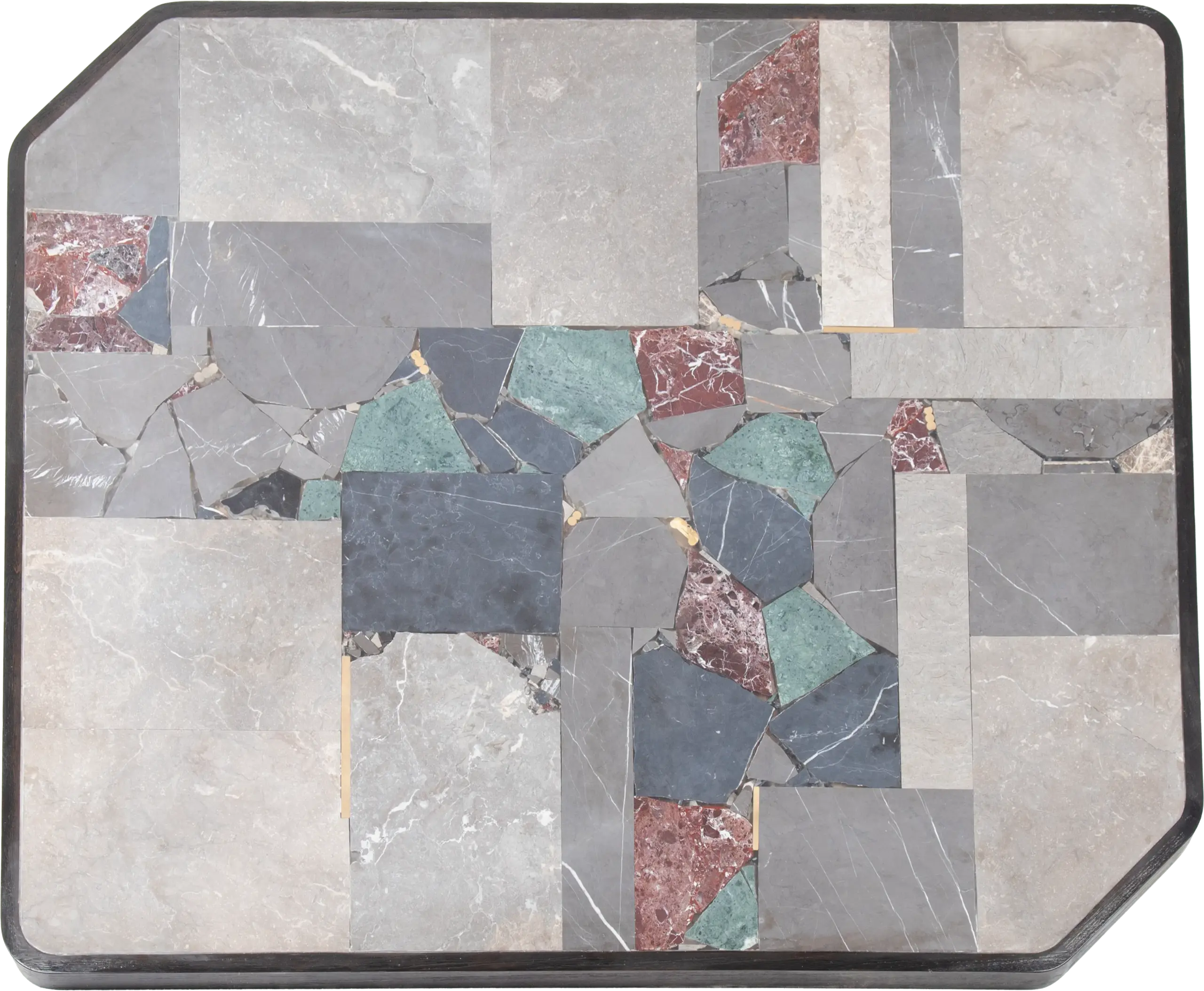 AVILA outdoor coffee table made of teak with grey stone and brass details in top view