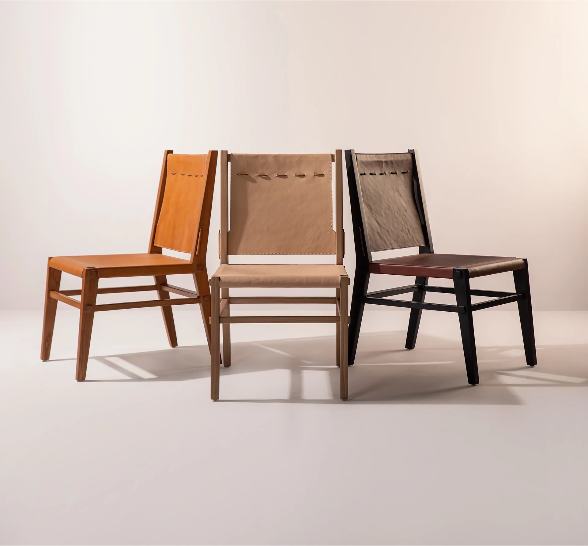 Set of Marseille Java oak dining chairs with leather seat and backrest from leather collection