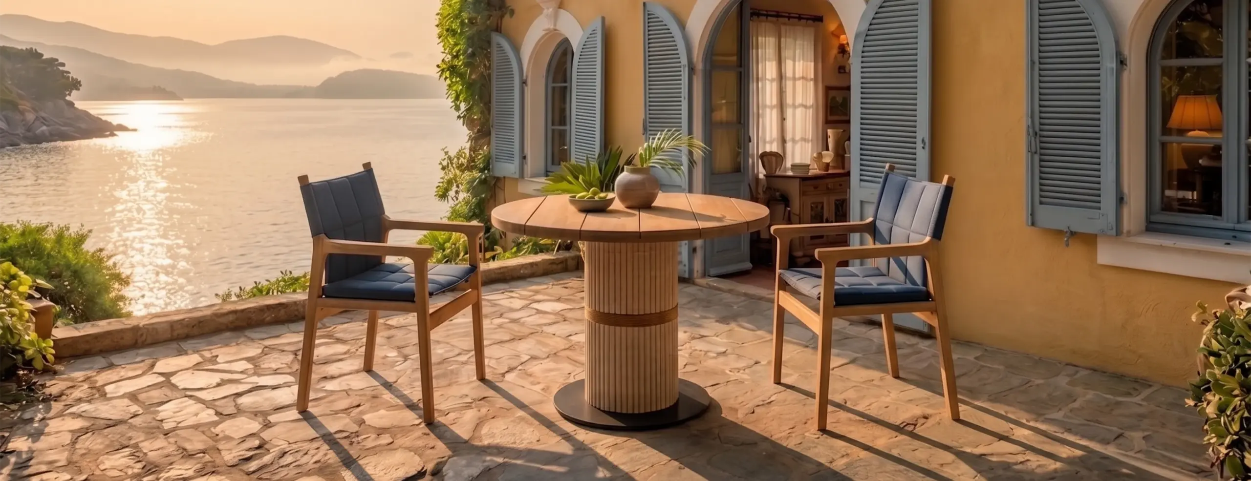 Set up of an outdoor dining area with baracoa table and yali chairs for resort collection