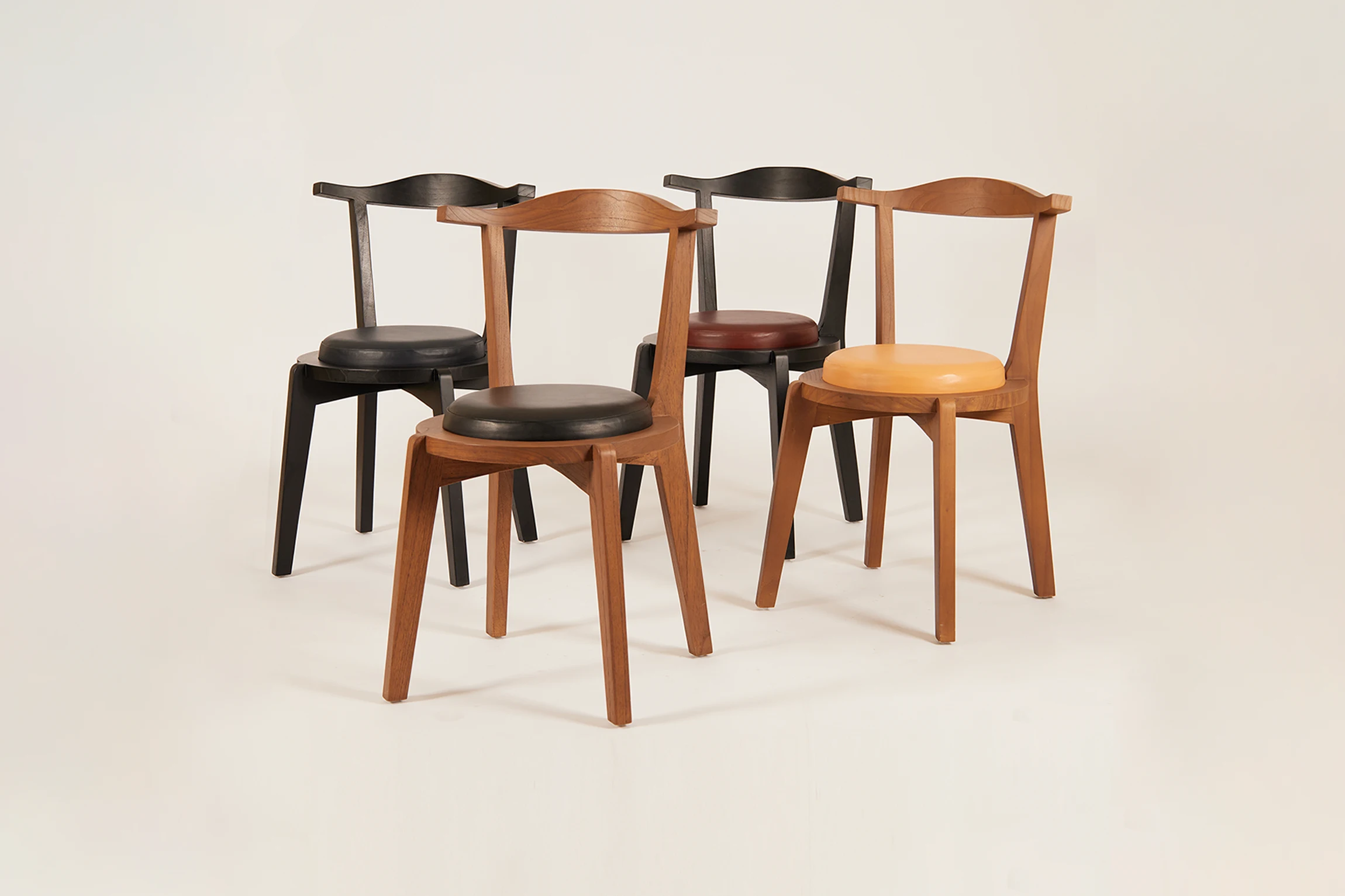 Set up of four T dining chair made of Java oak with different leather color seat in a studio