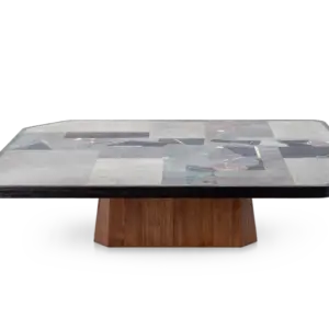 AVILA coffee table made of teak with grey stones and brass in front view