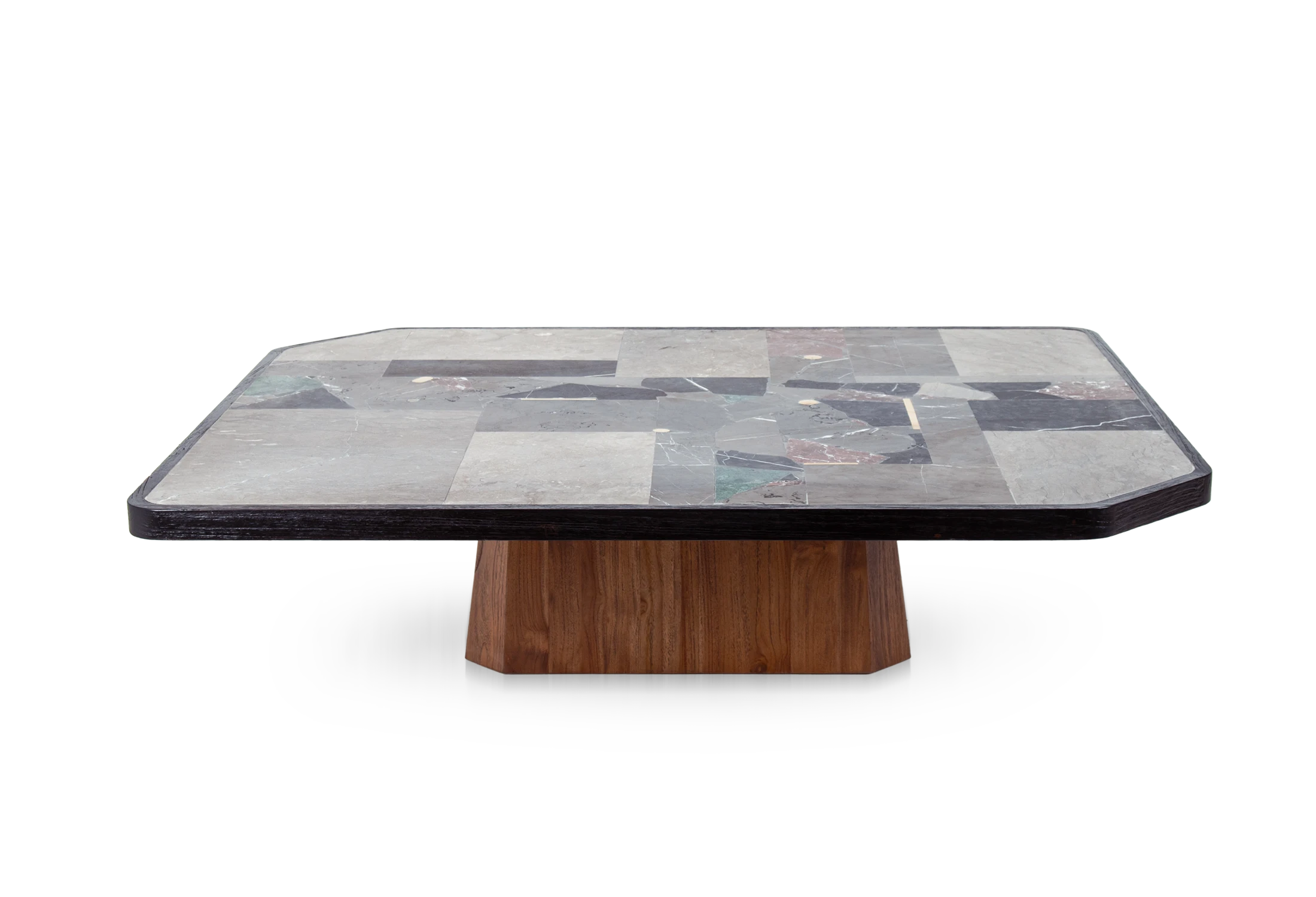 AVILA coffee table made of teak with grey stones and brass in front view