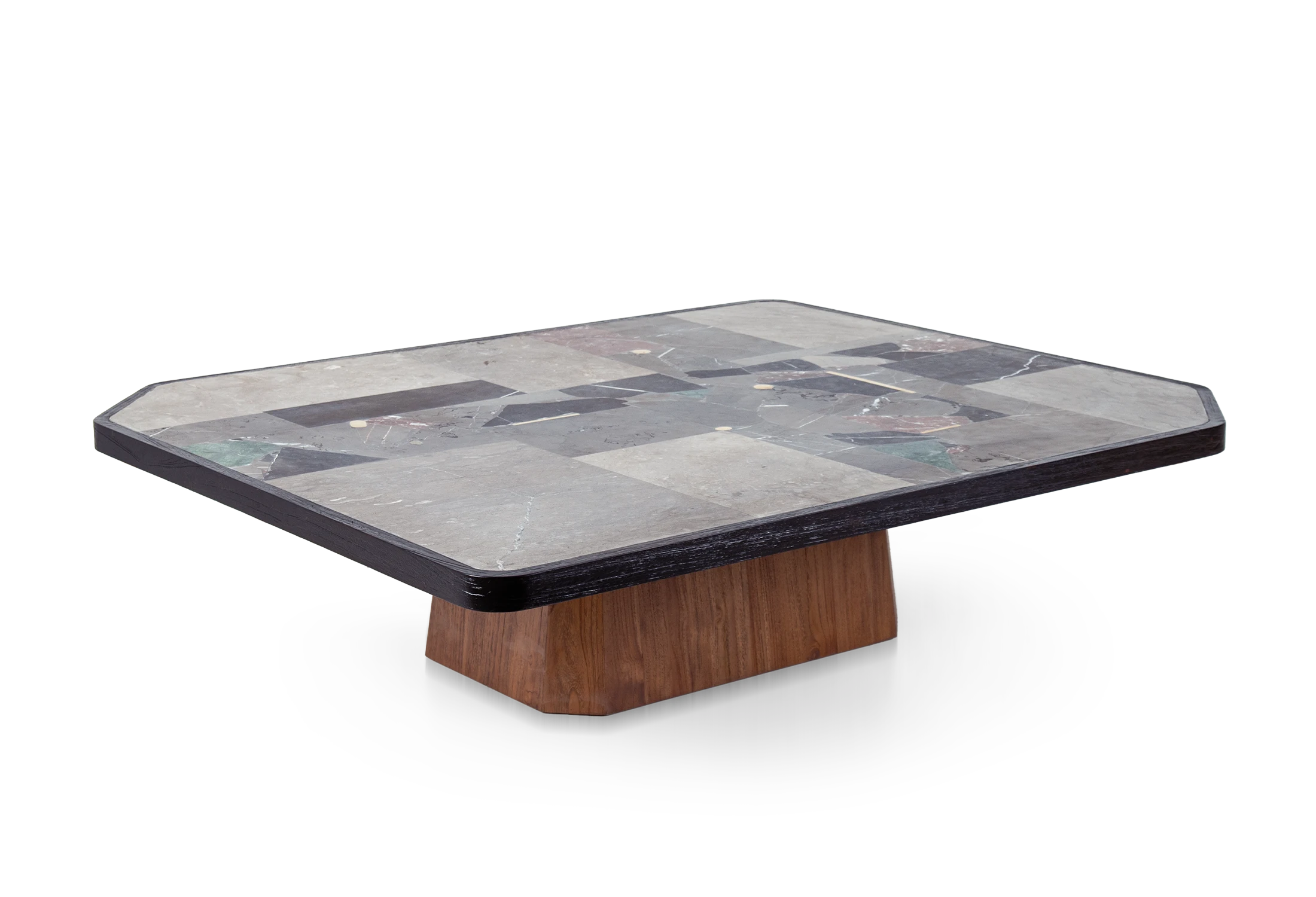 AVILA coffee table made of teak with grey stones and brass in three-quarter view