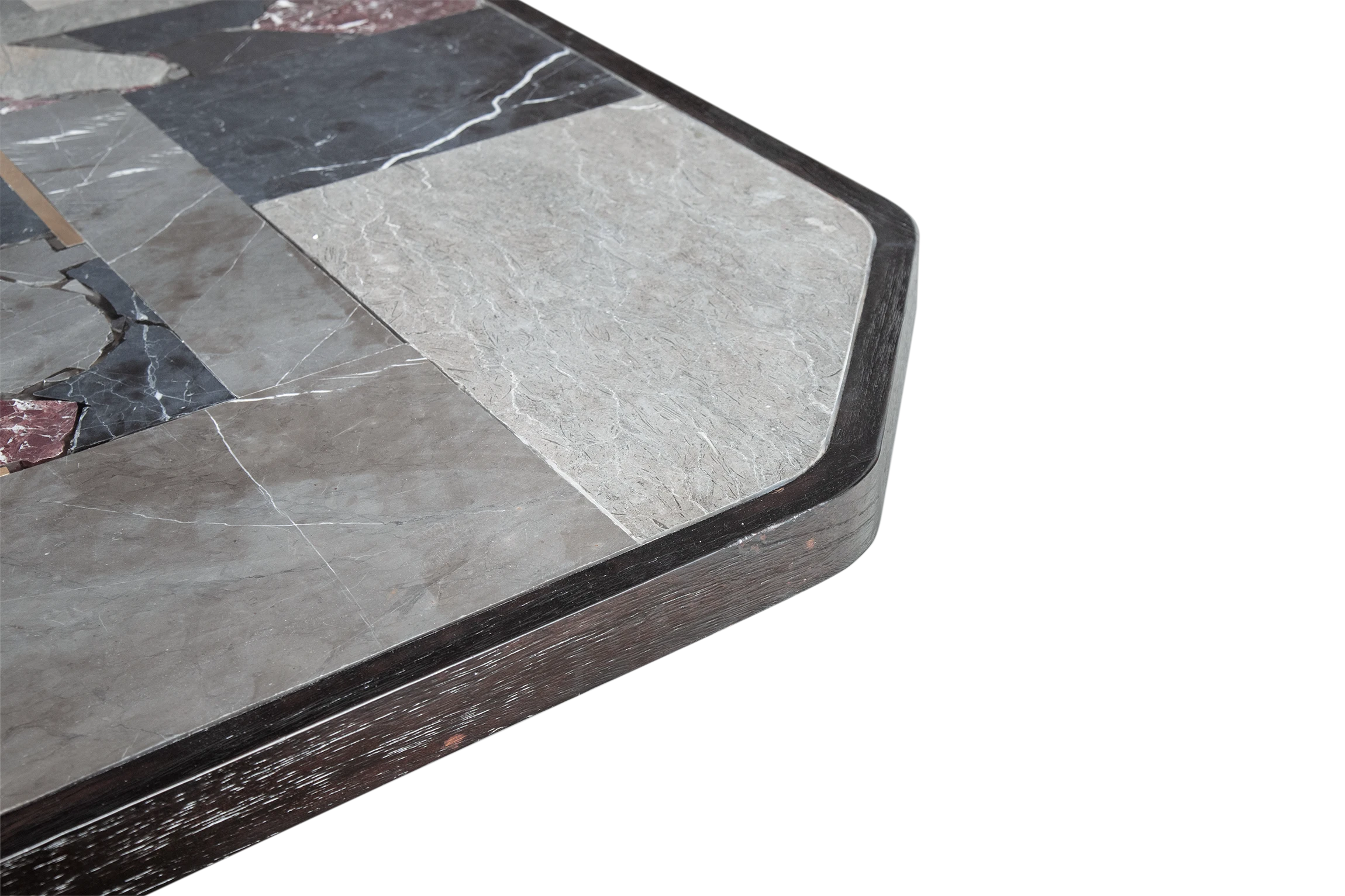 Close up of AVILA coffee table corner made of teak with grey stones and brass from above