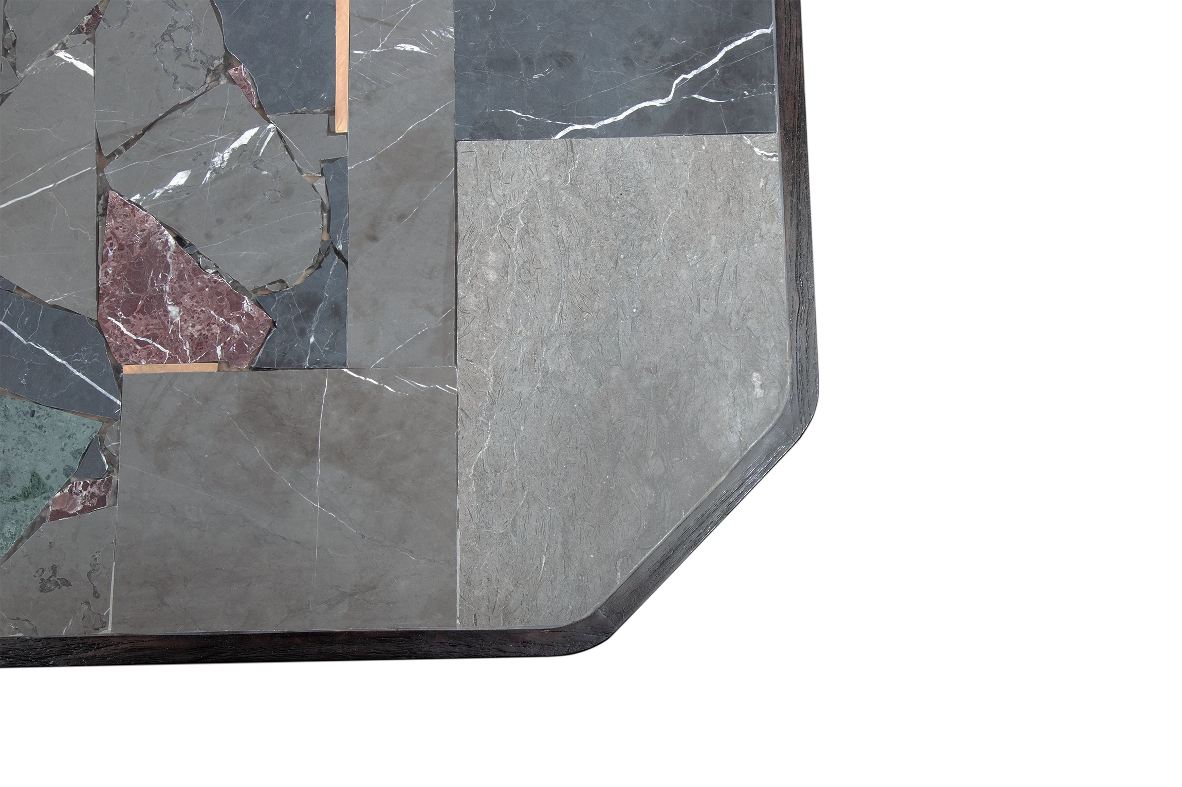 Bird's-eye view of AVILA coffee table corner made of teak with grey stones and brass