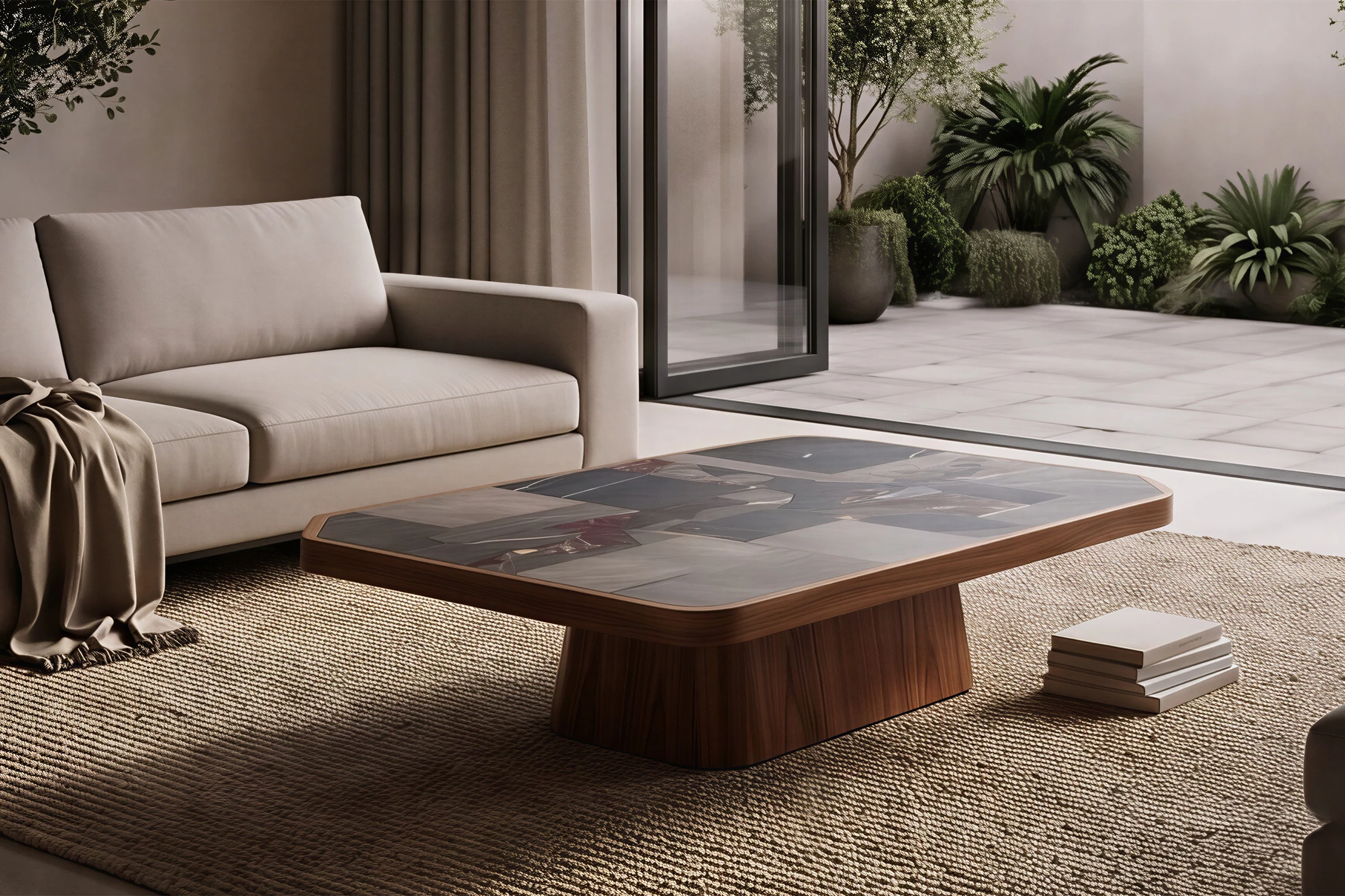 AVILA coffee table made of teak with grey stones and brass in a living room with outdoor terrace in the background
