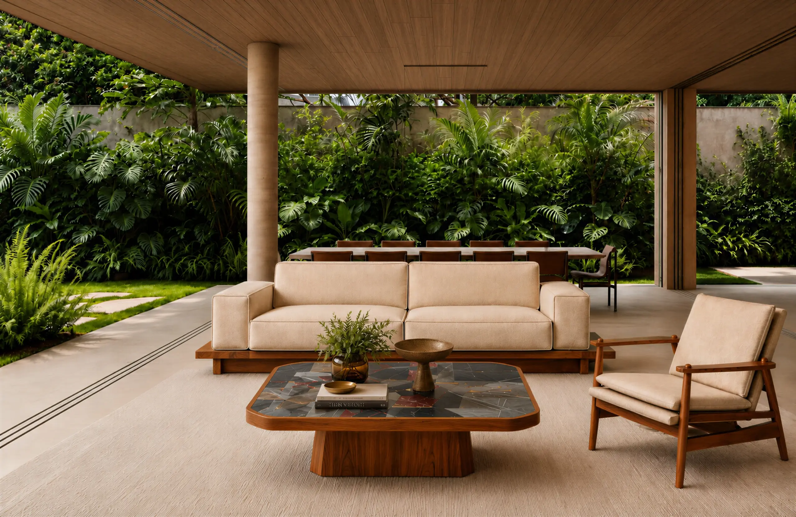 AVILA coffee table made of teak with grey stones and brass in a luxury tropical villa terrace