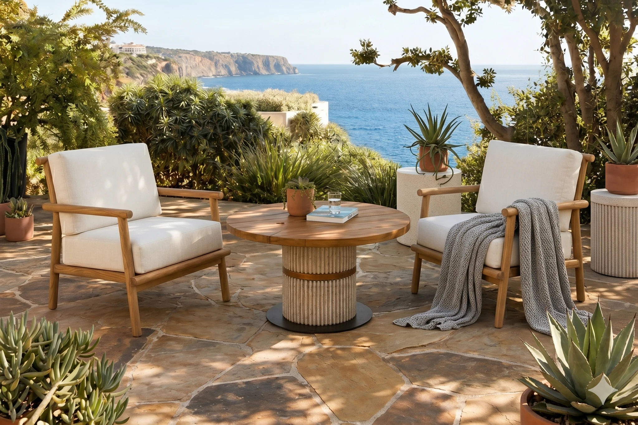 Set up of an outdoor lounge area with baracoa coffee table paired with la lounge chairs and the sea in the background
