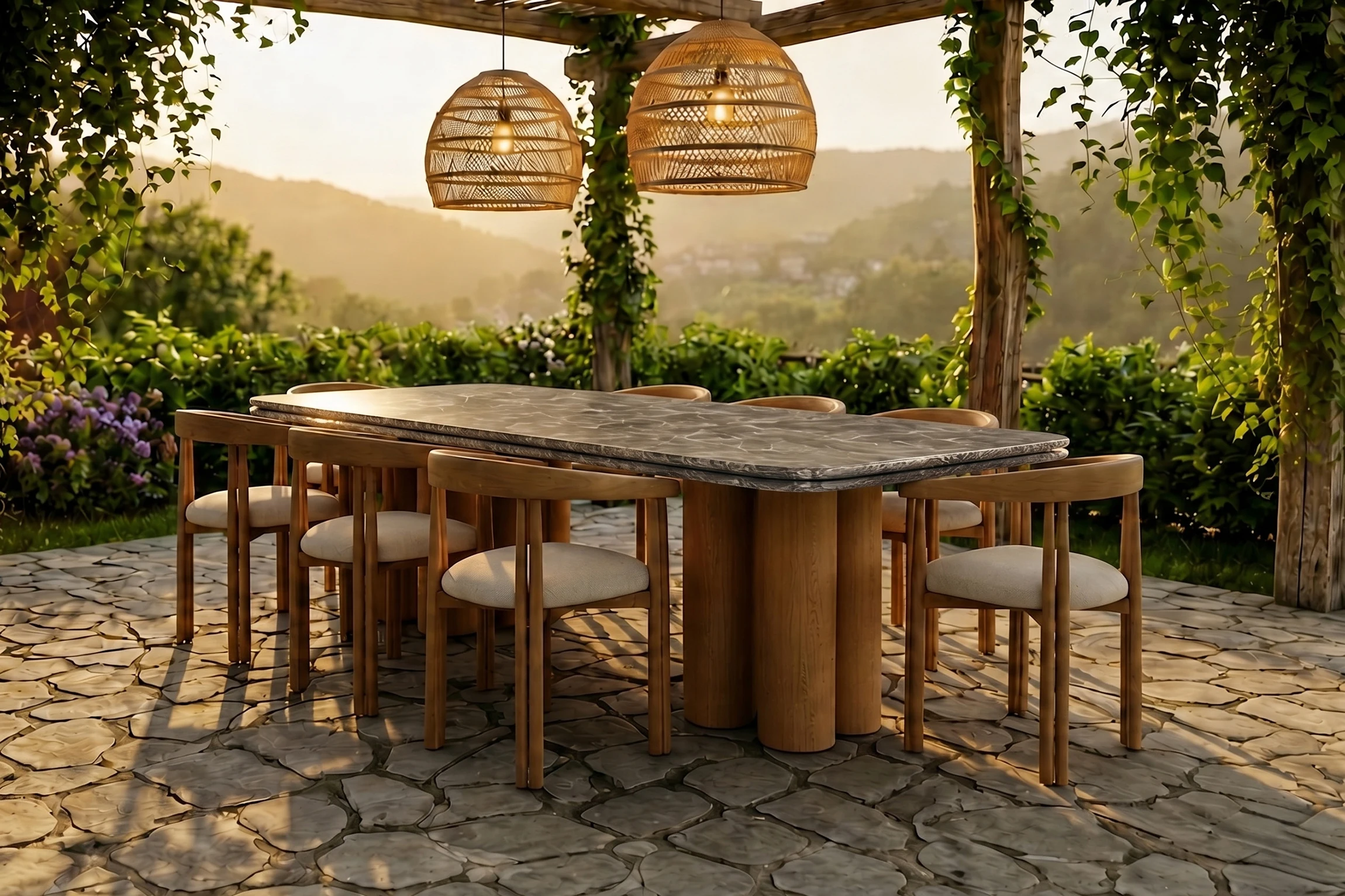 Outdoor LANIS dining table made of teak with double stone top paired with dining chairs in an exterior shaded terrace