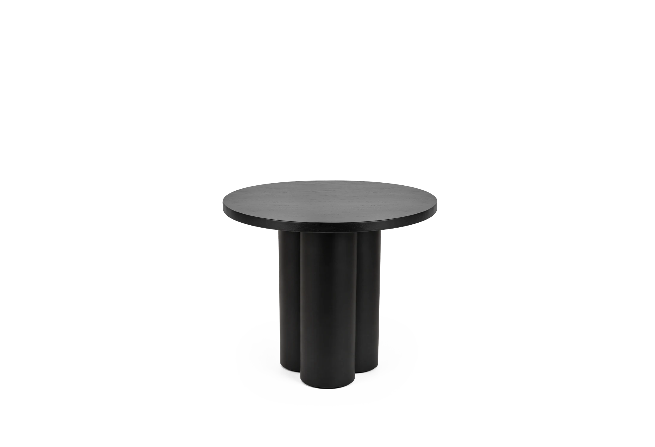 LANIS auxiliary table made of Java oak with a structural 3-cylinder leg in black finish in front view
