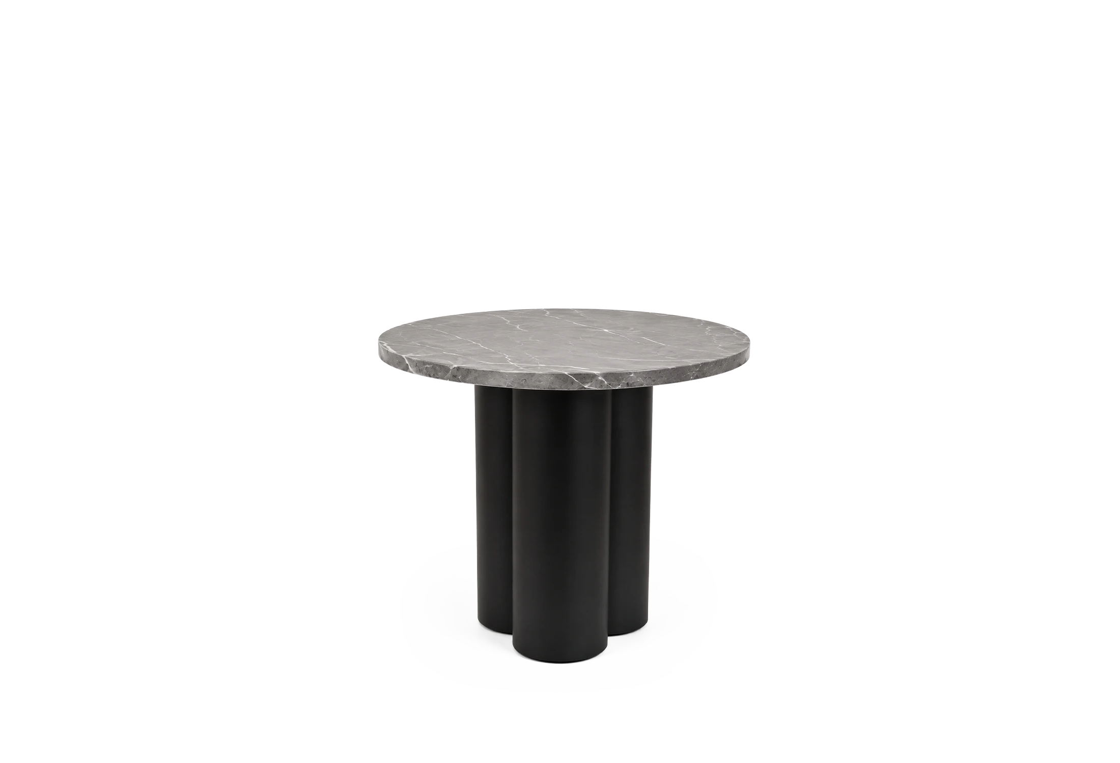 LANIS auxiliary table made of Java oak with a structural 3-cylinder leg in black finish and a stone top in front view