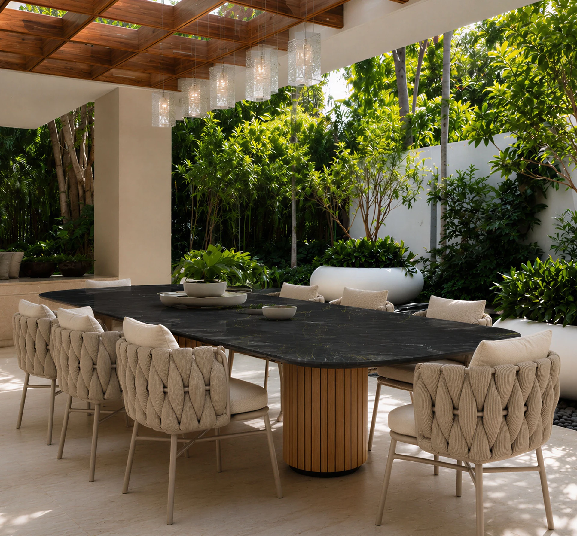 Outdoor dining area with Secrets chairs paired with Coral table from the upholstery collection