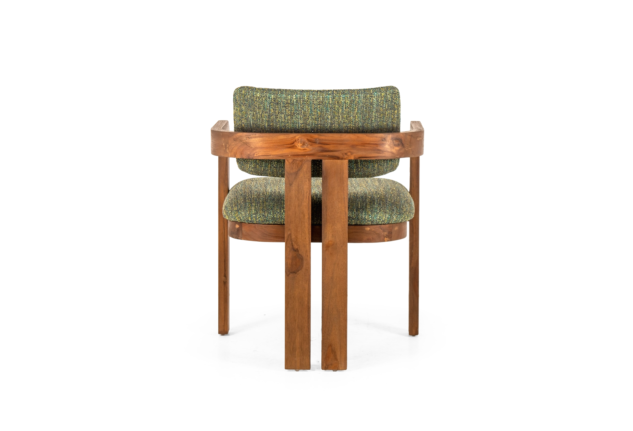 DOM armchair made of teak with green upholstered seating in back view