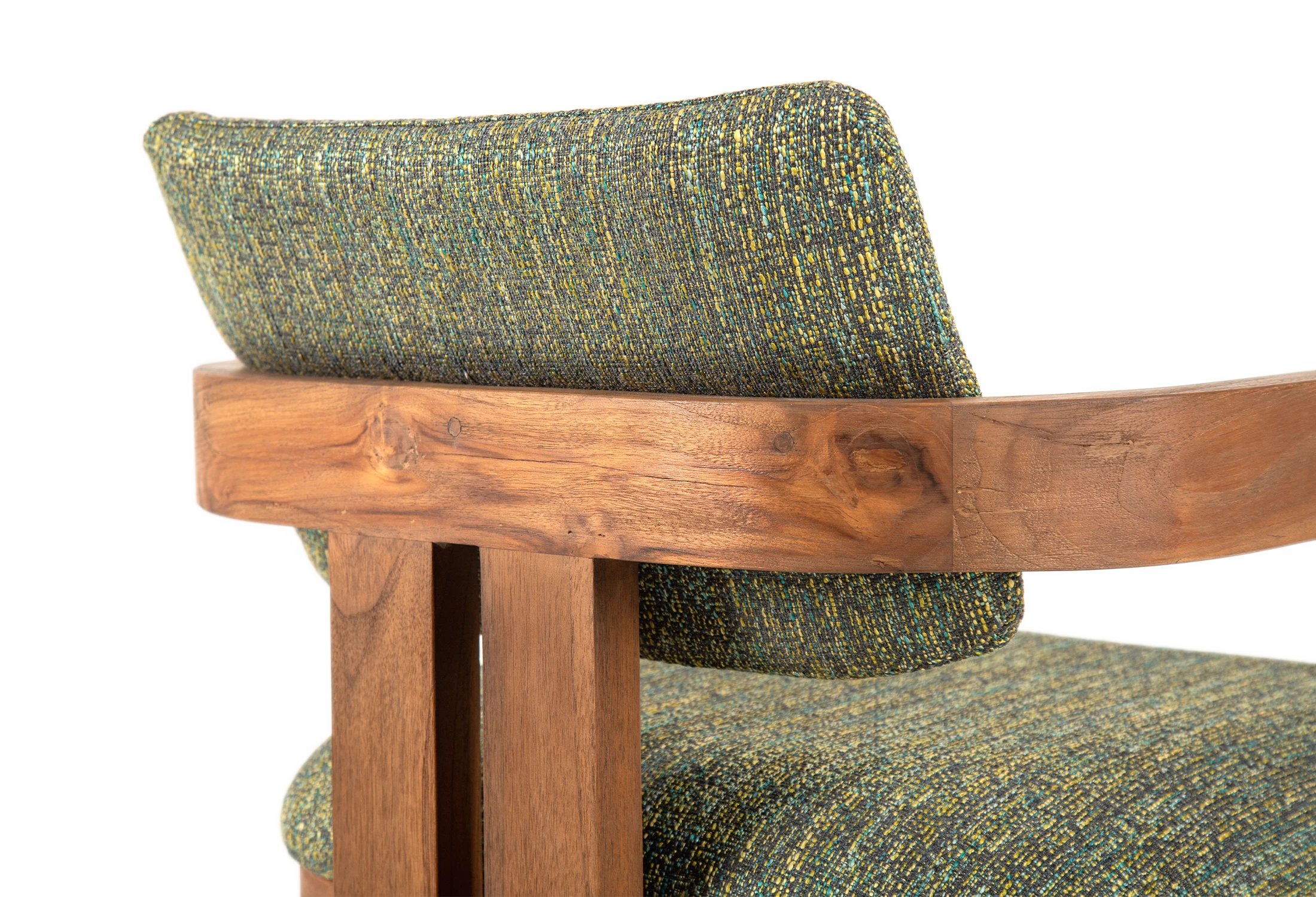 Close-up of DOM armchair made of teak with green upholstered seating viewed from the back