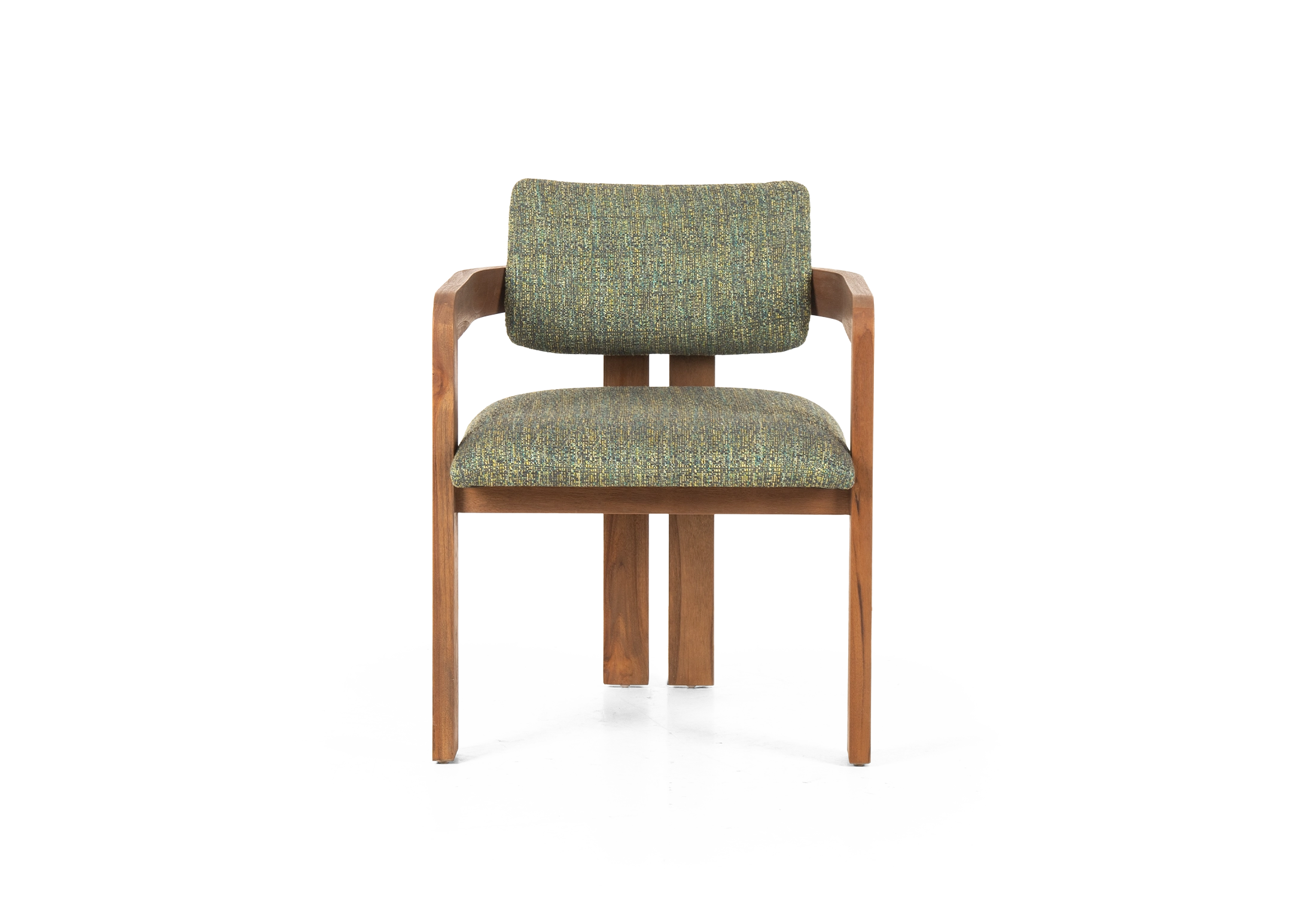 DOM armchair made of teak with green upholstered seating in front view