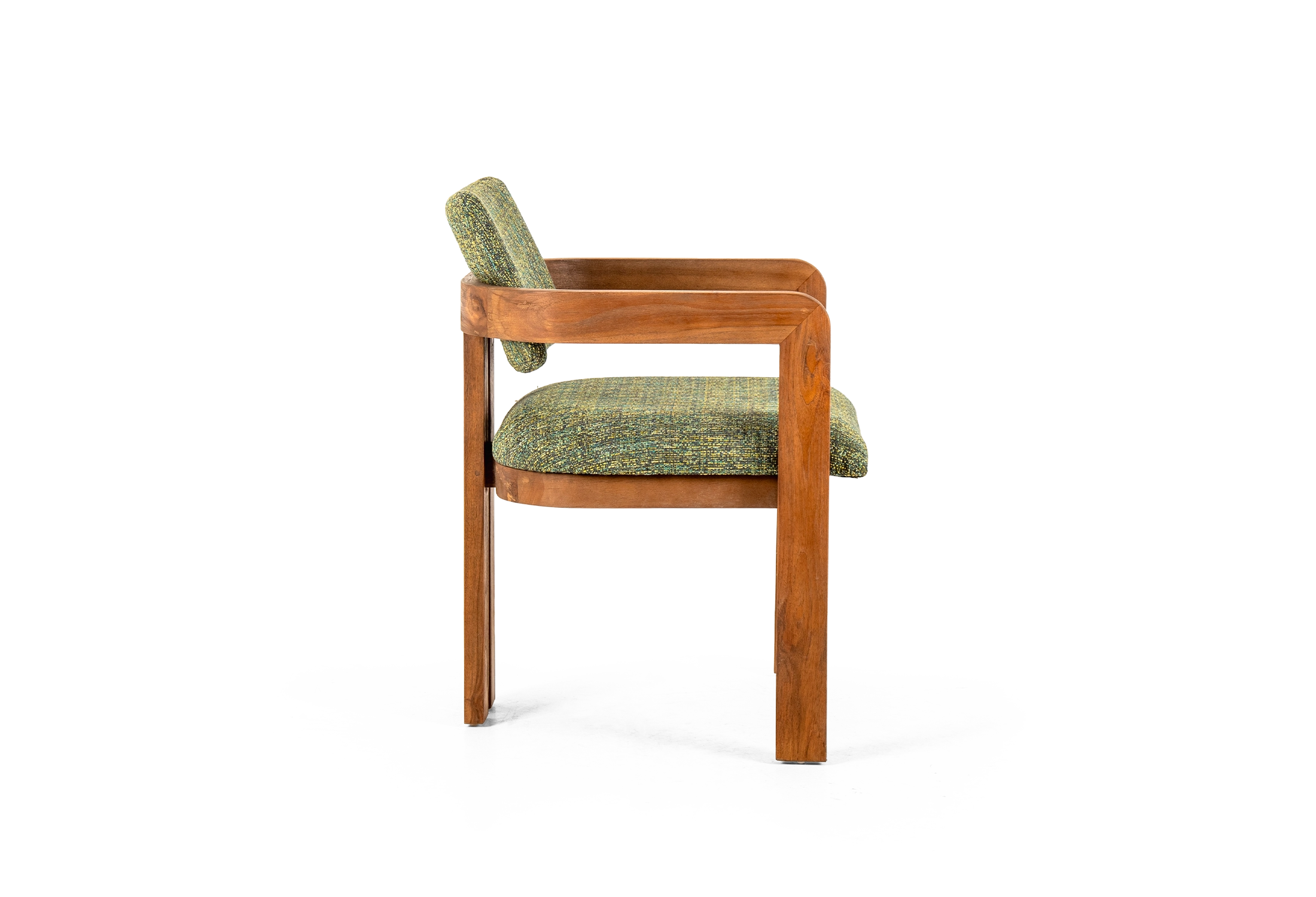 DOM armchair made of teak with green upholstered seating in side view