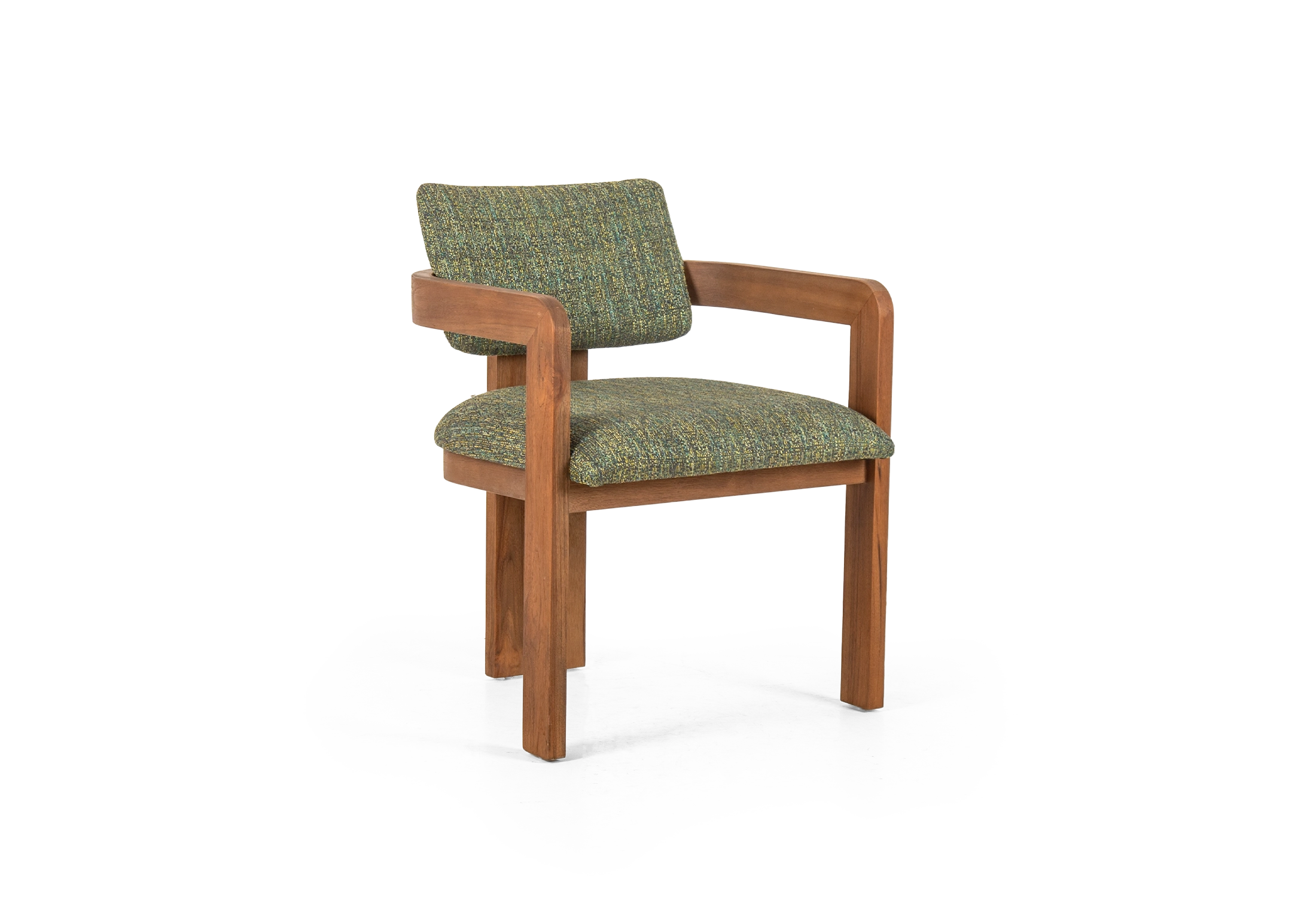 DOM armchair made of teak with green upholstered seating in three-quarter view