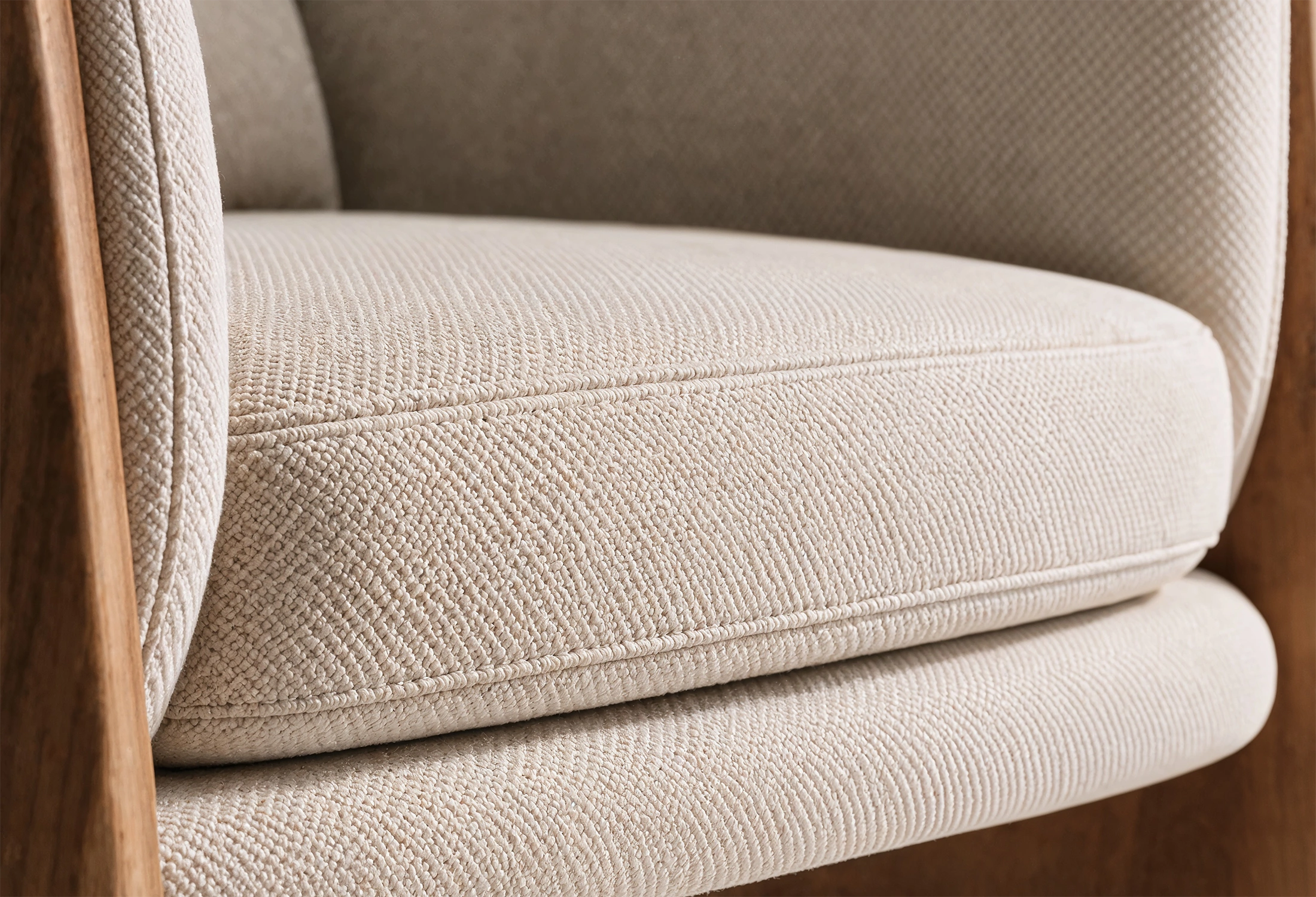 KHALE Lounge Chair made of teak and fabric cushion in close up seat view