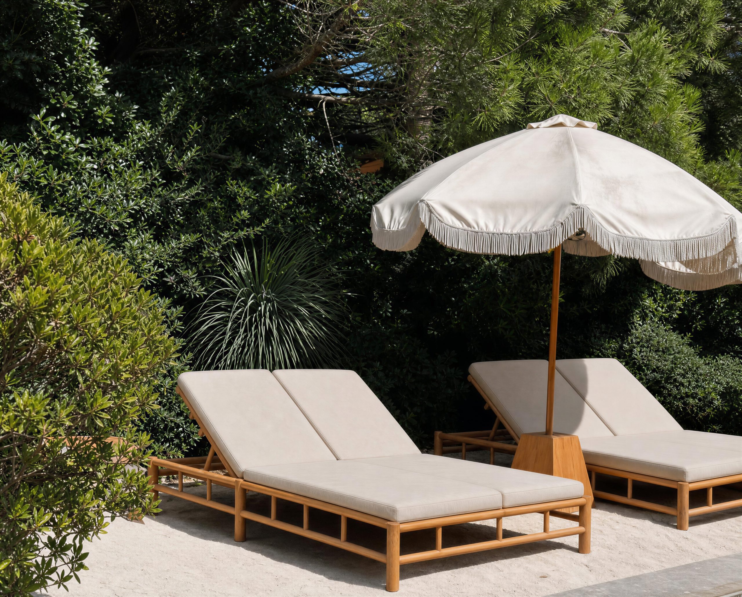 LA Sun Lounger in terrace with backyard garden background