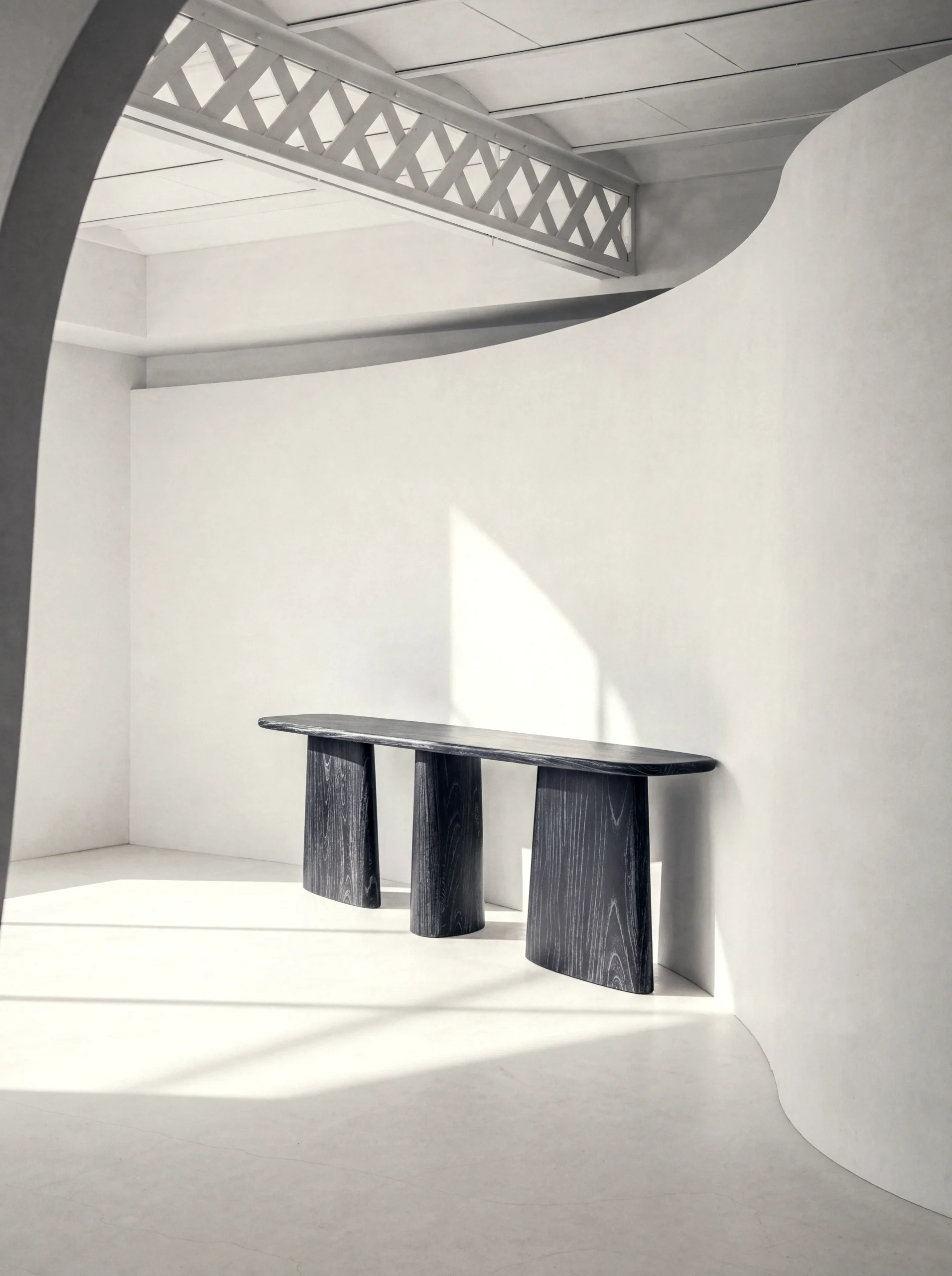 MARINA console table made of black Java oak with the golden hour light in a studio