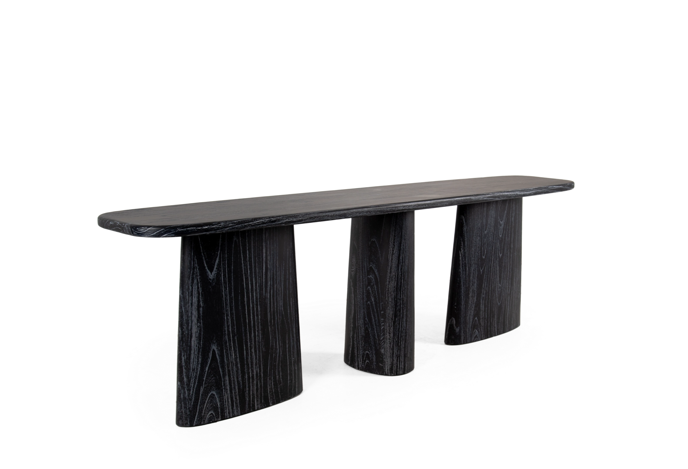 Marina console table made of black teak in three-quarter view