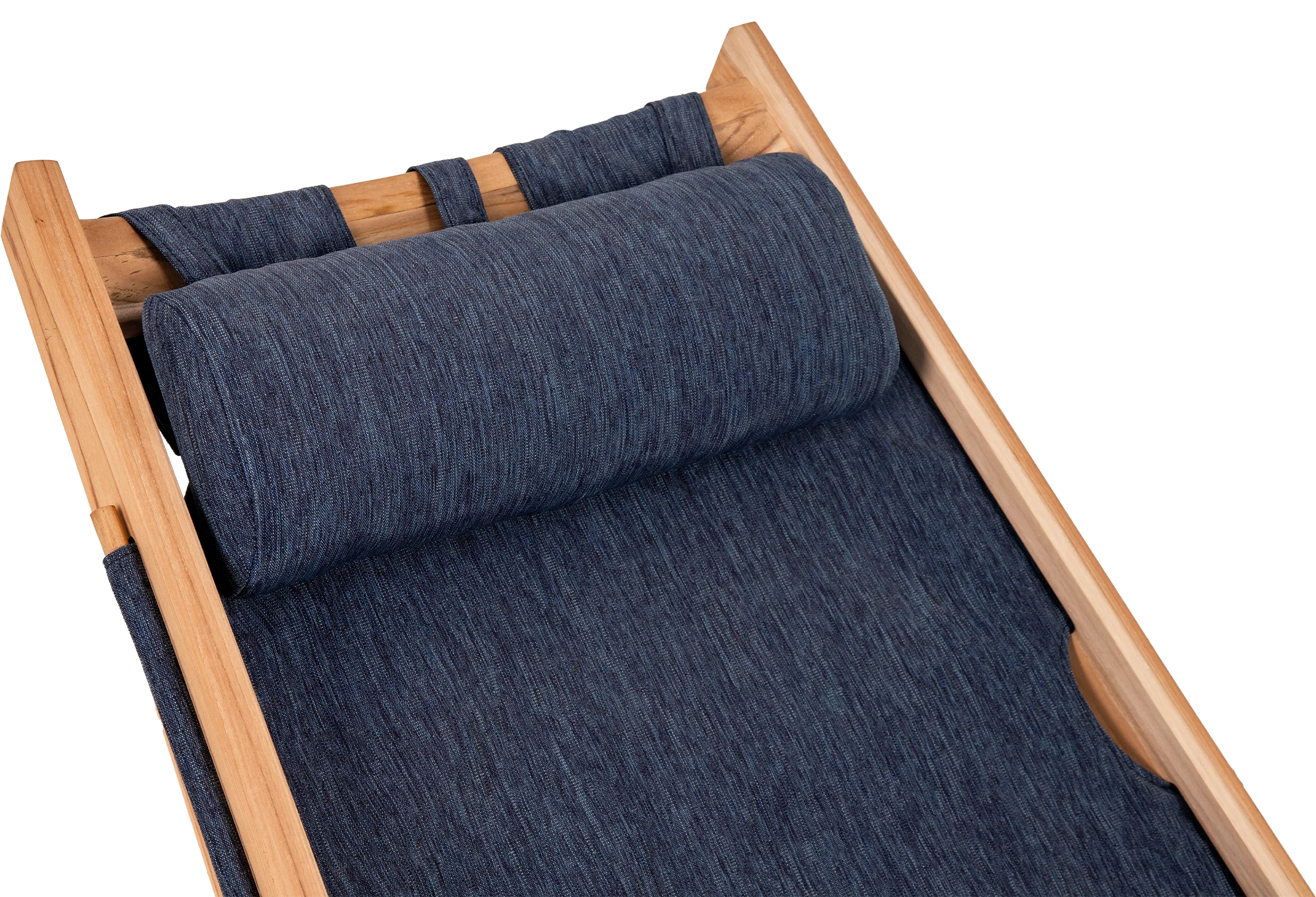 Rio Lounge Chair made of teak and blue fabric seating in seat view