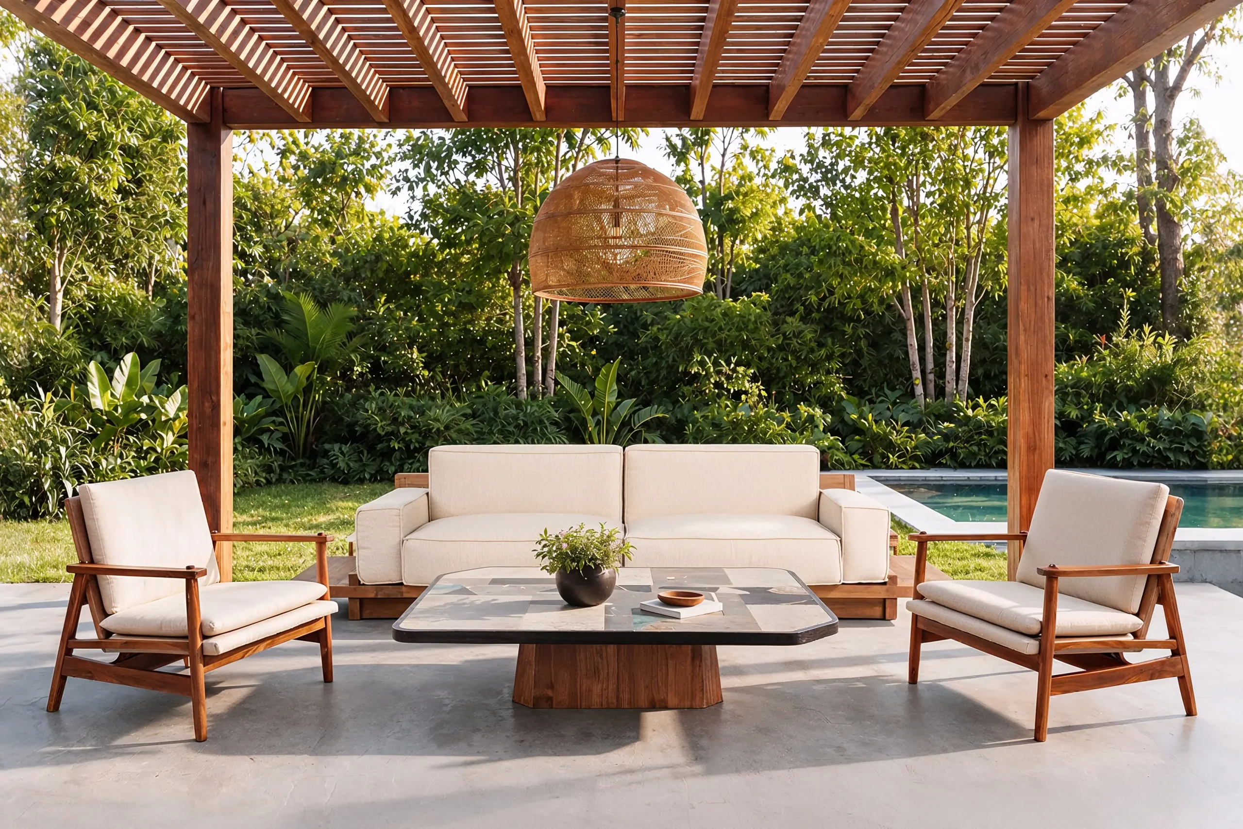 AVILA outdoor coffee table made of teak & stone in a villa backyard with pool background