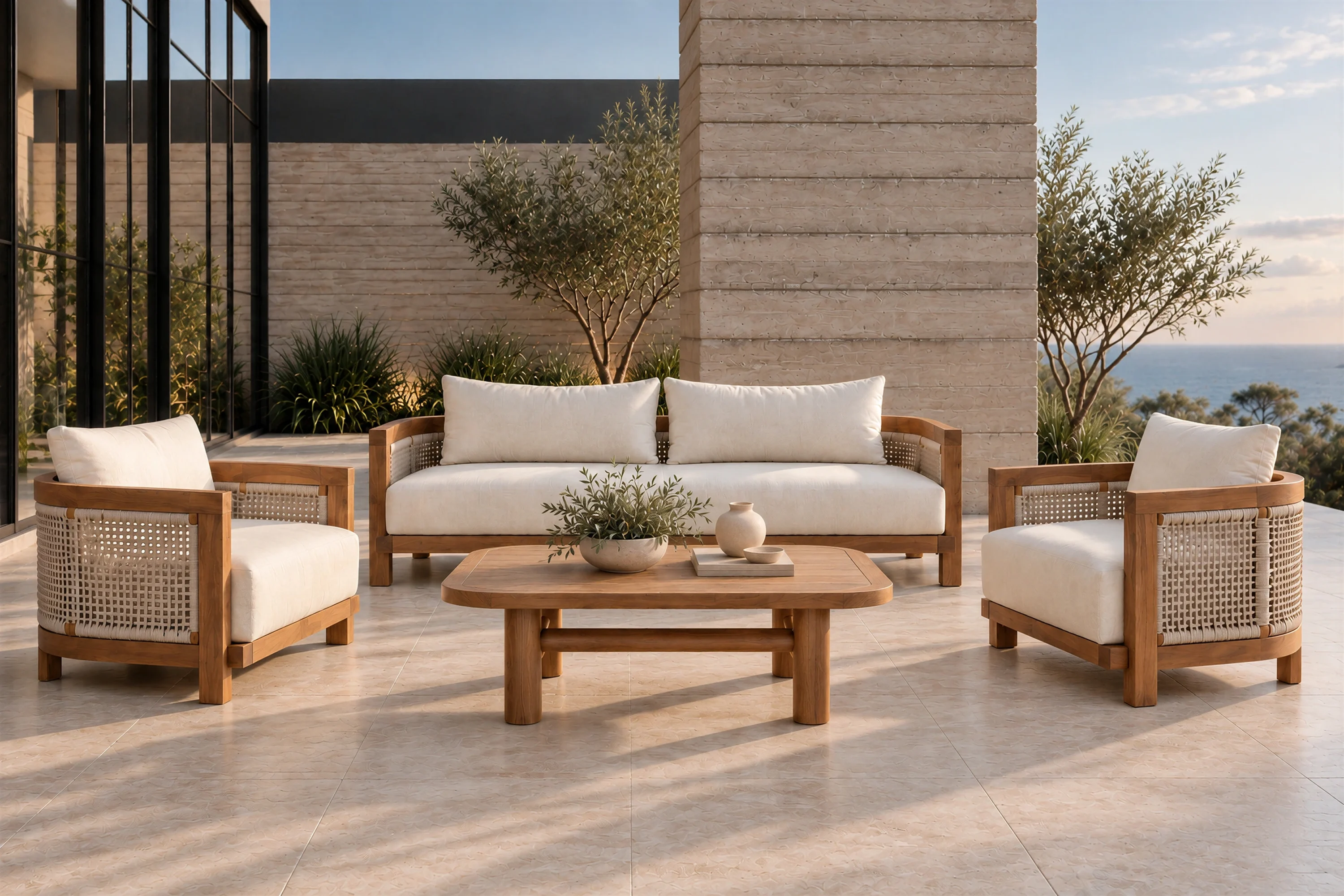 AUREA sofa made of teak with woven loom backrest and white fabric-upholstered seating in villa outdoor lounge