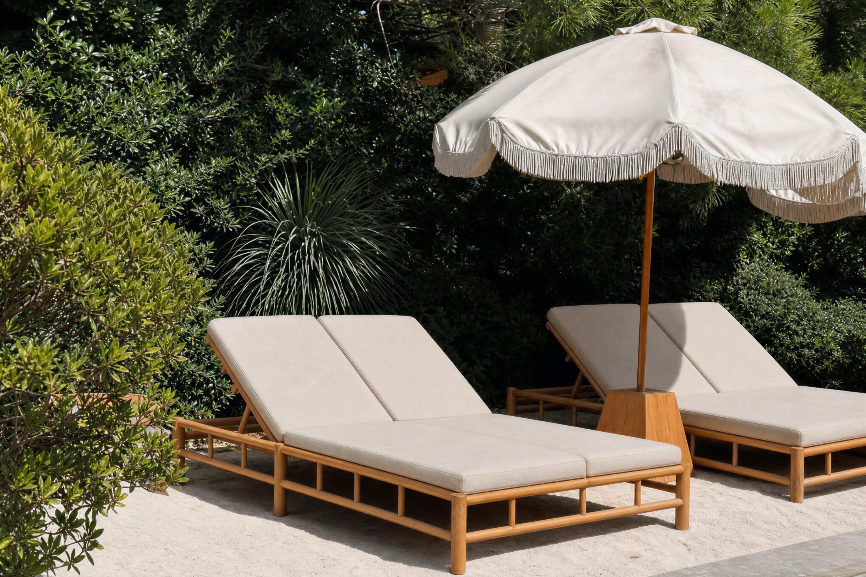 LA Sun Lounger in terrace with backyard garden background