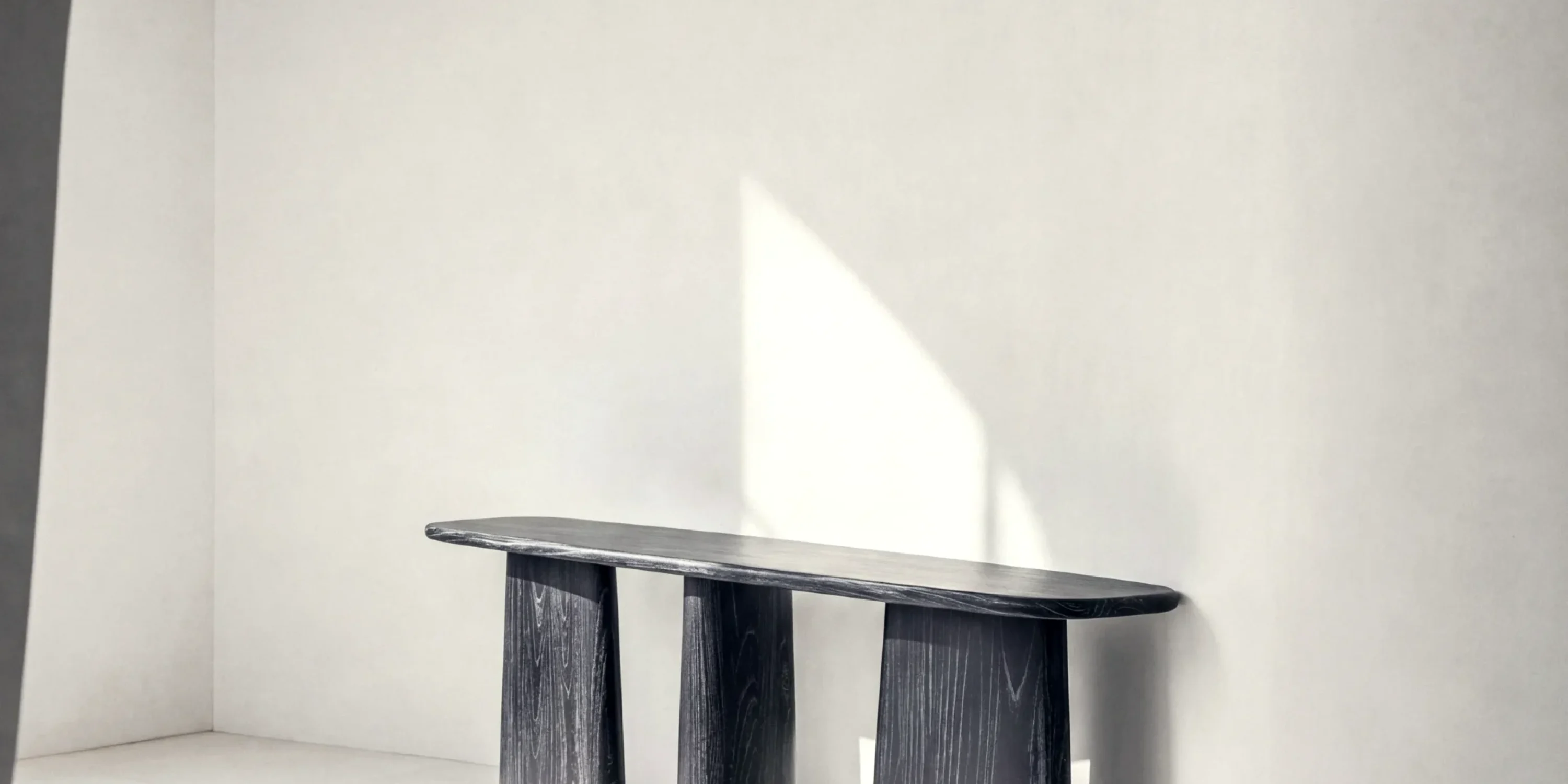 MARINA console table made of black Java oak with the golden hour light in a studio