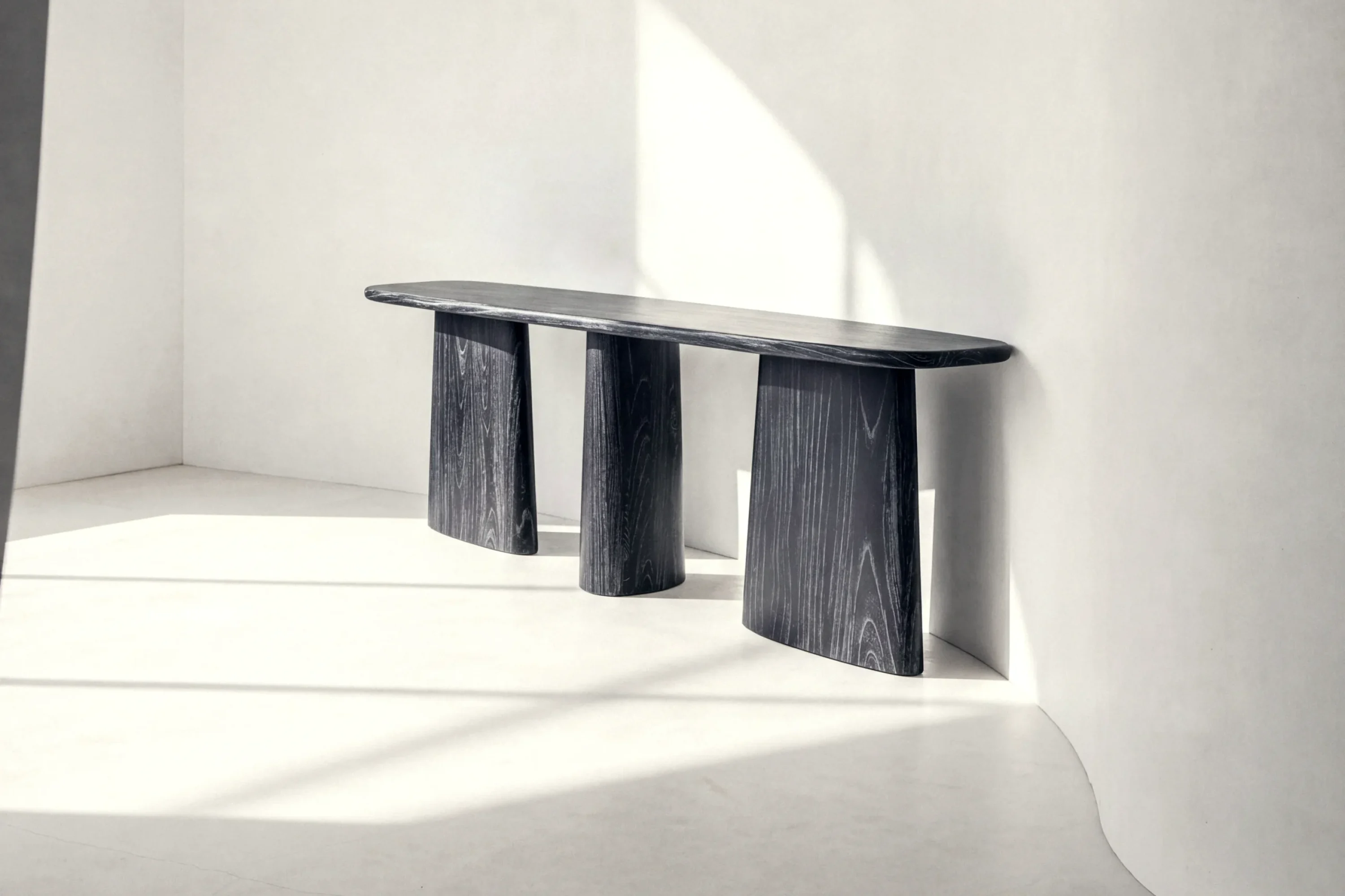 MARINA console table made of black Java oak with the golden hour light in a white studio